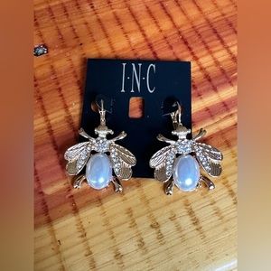 INC Gold Rhinestone Pearl Bee Dangle Earrings
